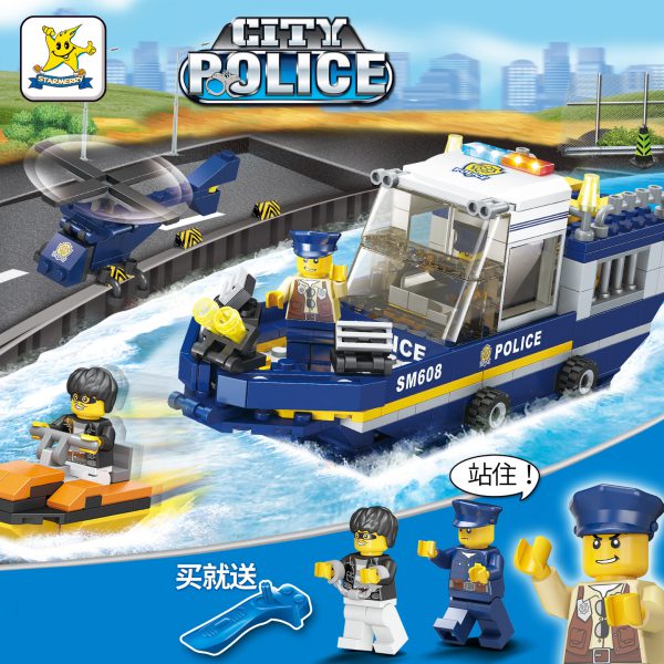 Cross border hot selling compatible LEGO xingle city police series pursuit boat children’s puzzle DIY assembled toy man