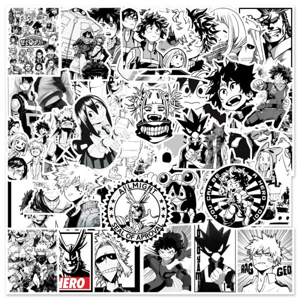 50 cartoon black and white my hero college notebook suitcase water cup graffiti decoration sticker wholesale